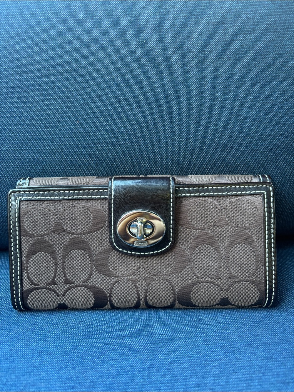 Coach Brown Signature Canvas Wallet with Turnlock